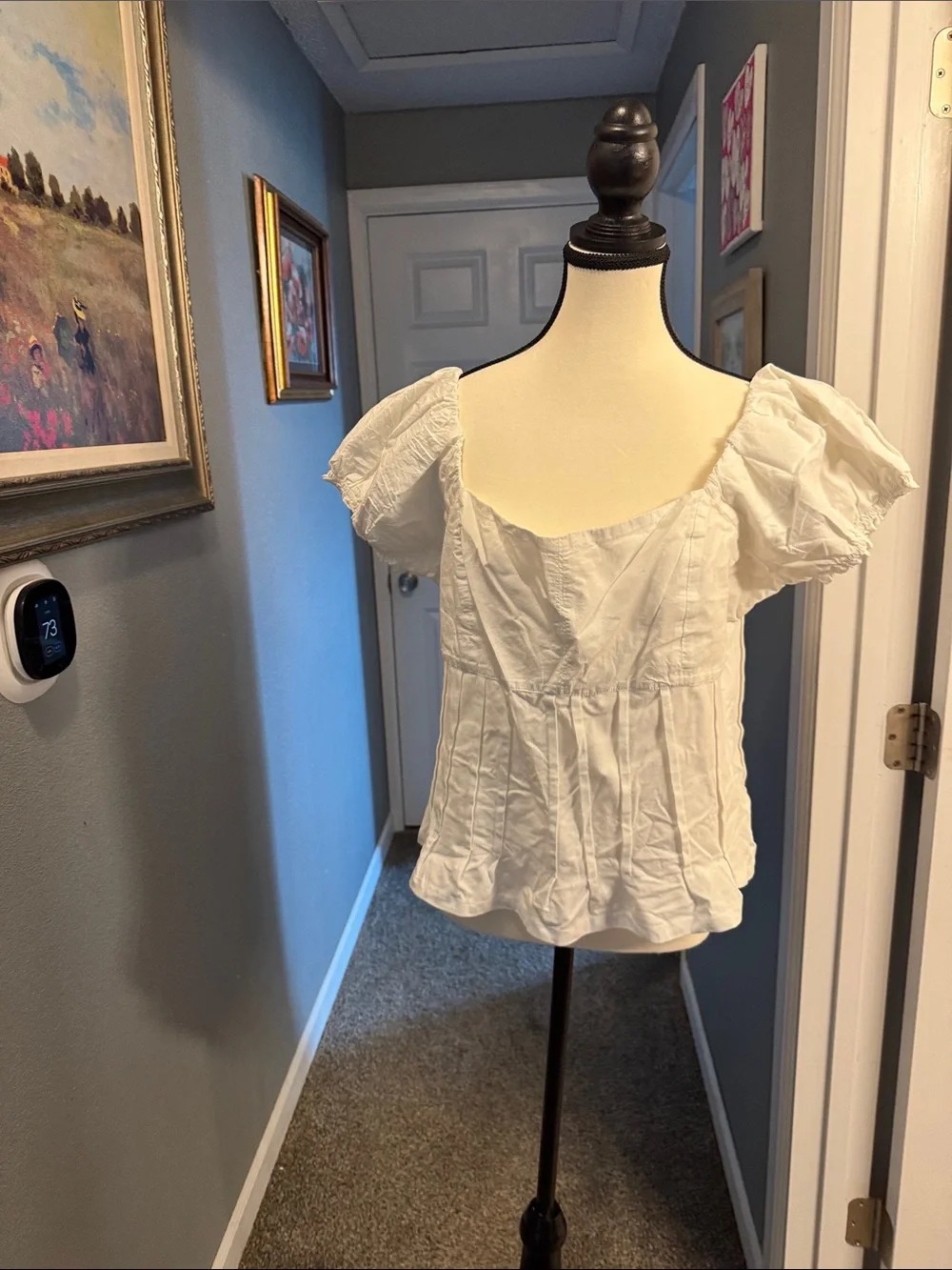 Anthropologie White Puff Sleeve Square-Neck Top